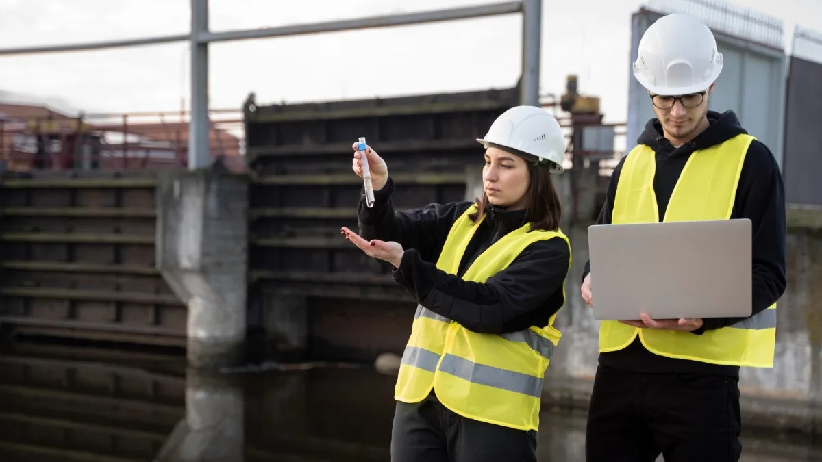 Technicien en gants bleus remplissant une fiche d’analyse de terrain dans le cadre d’un diagnostic de pollution des sols pour projet immobilier